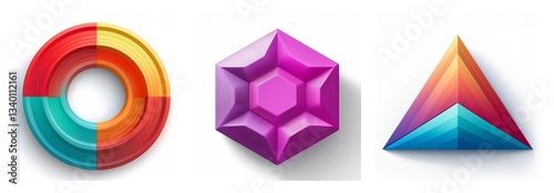 Colorful shapes isolated on white background. A segmented circle, a hexagon jewel, and a triangle are displayed with vibrant gradients.