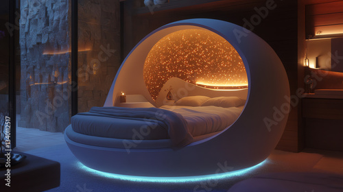 Futuristic pod bed with ambient lighting in modern luxury interior.