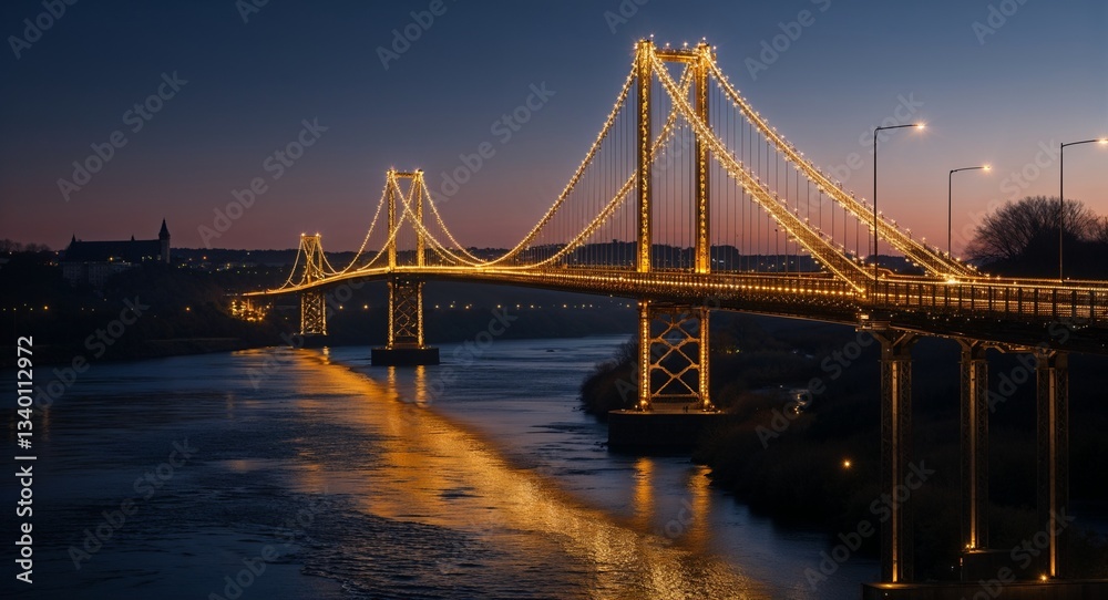 Fototapeta premium Golden Lights of a Suspension Bridge Spanning Across a Dark River