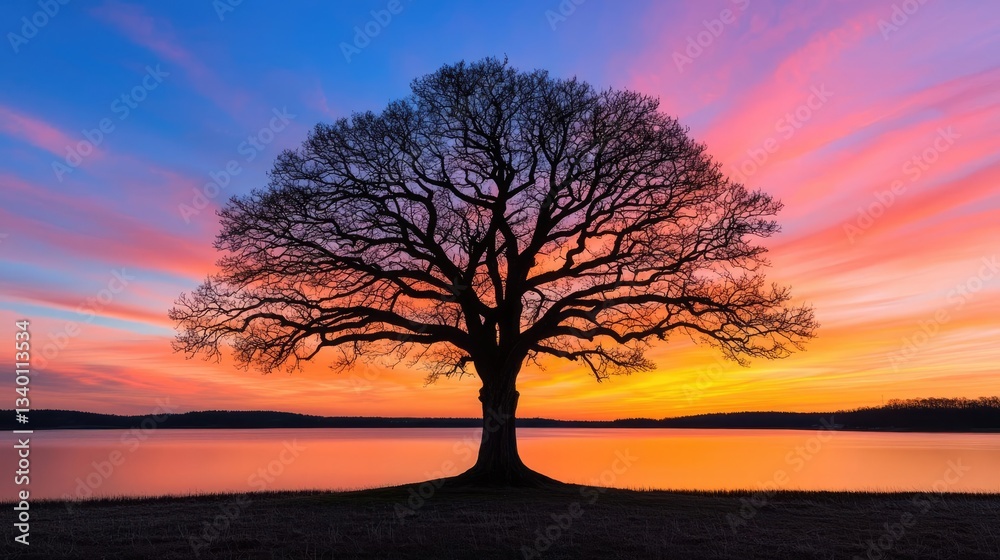 Lakeside sunset landscapes concept. A majestic tree silhouetted against a vibrant sunset by the lake. Lakeside sunset landscapes concept. A majestic tree silhouetted against a vibrant sunset by the lake.