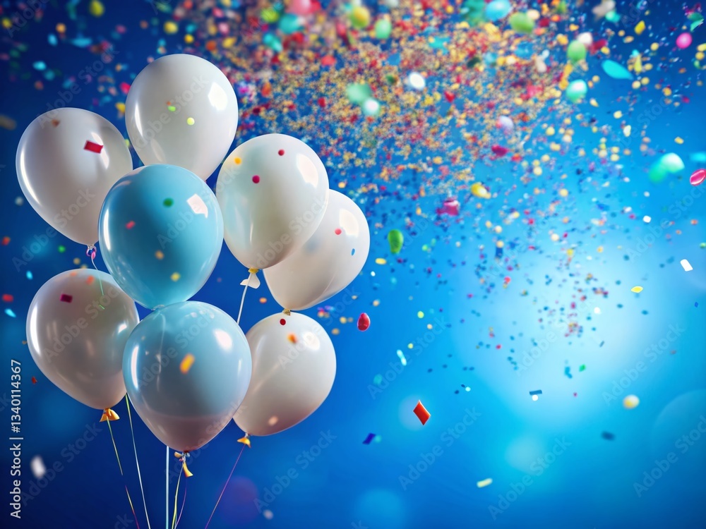Festive White Balloons & Colorful Confetti on Bright Blue Background - Stock Photo Festive White Balloons & Colorful Confetti on Bright Blue Background - Stock Photo