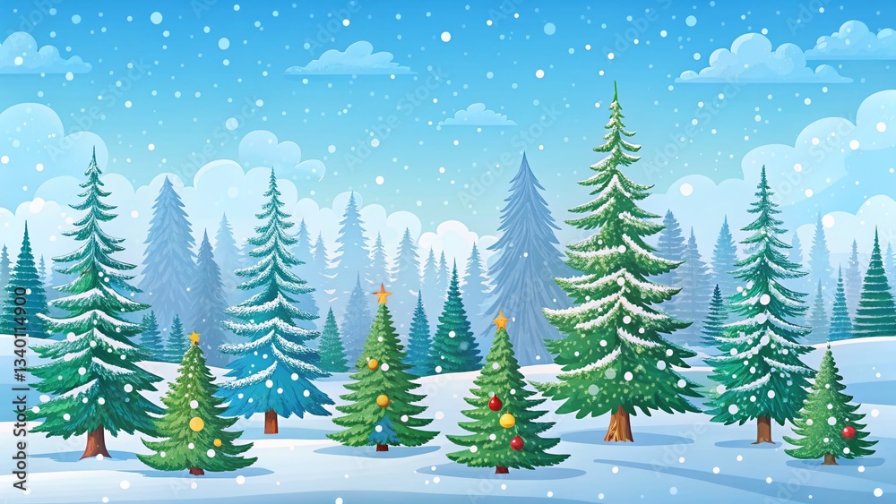 Fototapeta premium Festive Winter Wonderland: Colorful Pine & Fir Trees in Snowy Woods - Christmas Card Background