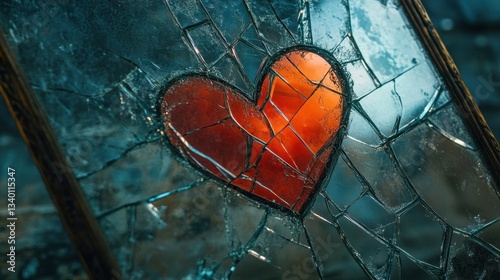 A fractured heart is illuminated by the red color inside