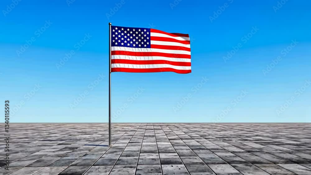 American flag waving against a clear blue sky over a textured square pavement