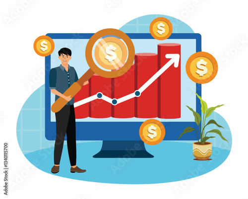 Sales index concept. Man Analysis and Financial Indicators.