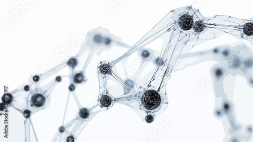 The image depicts an abstract representation of a molecular structure. It features a network of interconnected dark grey spheres, suggesting atoms or nodes, linked by thin, translucent grey lines