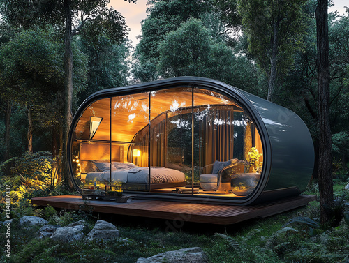 Modern tiny house in forest, glass walls, sustainable living.