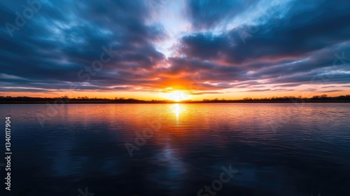 Lakeside sunset landscapes concept. A stunning sunset over a calm lake, with vibrant colors reflecting on the water's surface.