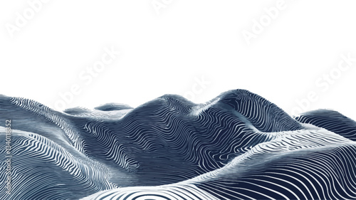 The image is a digital rendering of an abstract landscape. It depicts stylized mountains or hills formed by a series of concentric, flowing lines in shades of blue against a white background. The