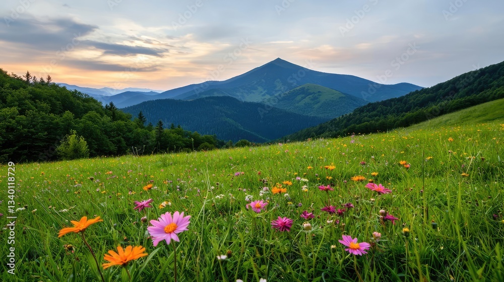 Fototapeta premium Macro flowers landscapes idea. A vibrant meadow filled with colorful wildflowers against a backdrop of majestic mountains.