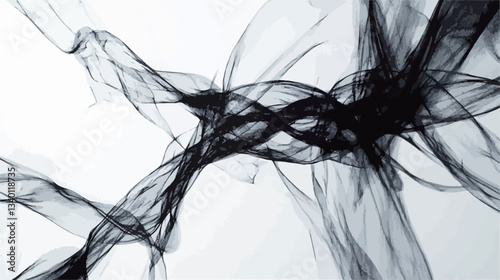 High-contrast monochrome image depicting a swirling mass of black tulle fabric against a white background. The tulle is translucent, creating variations in opacity and shadow. The composition is