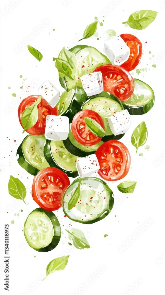 A Watercolor Painting of a Mediterranean Salad with Feta Cheese and Basil A Watercolor Painting of a Mediterranean Salad with Feta Cheese and Basil