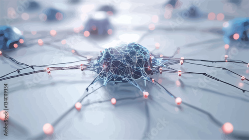 A digital rendering depicting a microscopic view of a neural network. The image shows a central neuron with numerous interconnected dendrites and axons, represented as thin, branching lines.  The