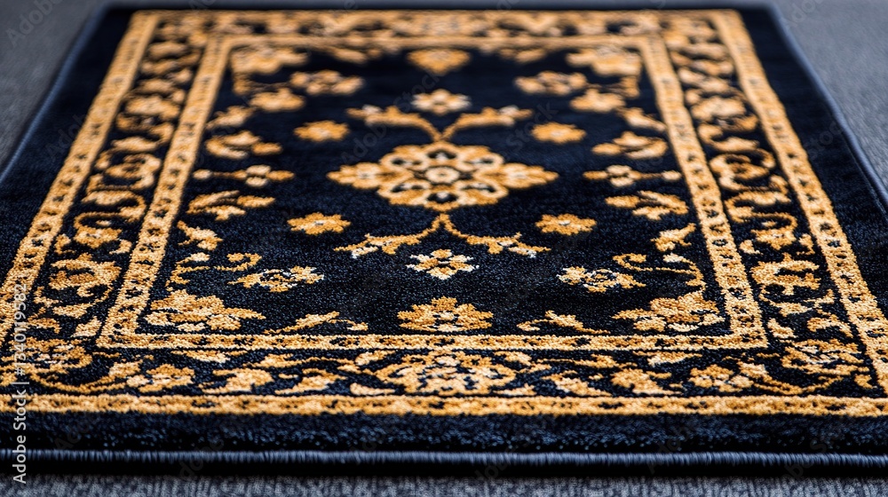 Dark navy blue rug with gold patterned borders Dark navy blue rug with gold patterned borders