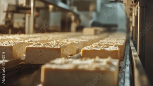 Cheese blocks are moving on a production line in a facility