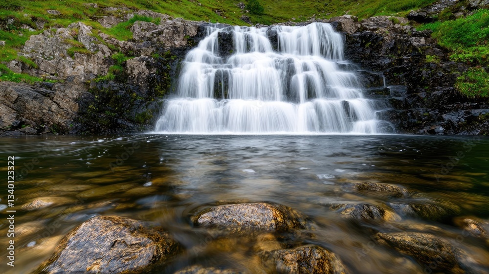 Waterfall landscape concept. Breathtaking view of a serene waterfall cascading over stone formations. Waterfall landscape concept. Breathtaking view of a serene waterfall cascading over stone formations.
