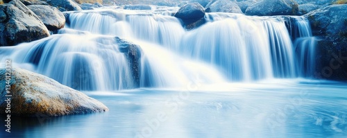 Waterfall landscape concept. A serene waterfall cascading over smooth rocks into a tranquil blue pool.