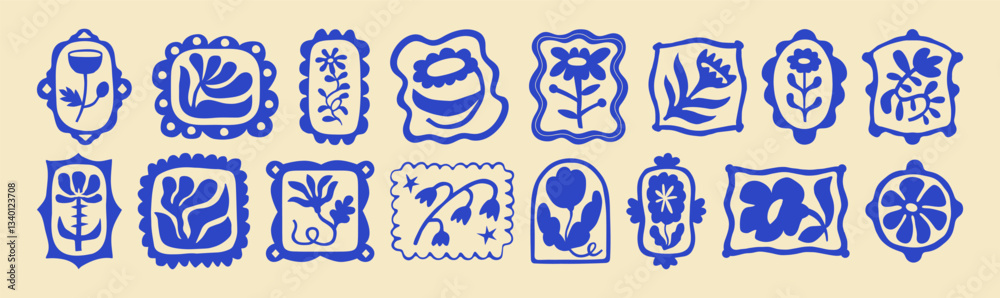 Fototapeta premium Blue floral frame illustration set. Vintage style flower design collection. Geometric natural bouquet decoration, spring season nature flowers.