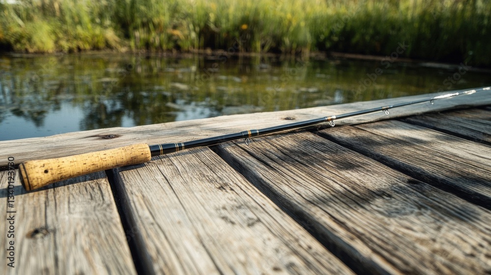 Fototapeta premium A fishing pole resting on a wooden pier near a water body