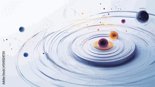 The image depicts a stylized representation of a cosmic system.  It features concentric circles, resembling planetary orbits, rendered in shades of white and light blue.  Several small, spherical