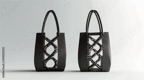 The image shows two identical black tote bags positioned side-by-side against a plain white background. Each bag features a unique interwoven design forming a crisscross pattern across the front.