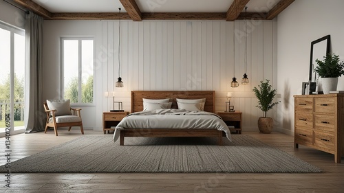 Interior bedroom, white room with wooden furniture