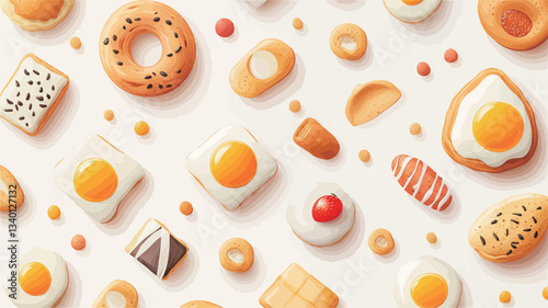 A digitally created flatlay image showcasing a variety of breakfast foods and baked goods arranged on a white background. The items include fried eggs, various types of bread, pastries, and a
