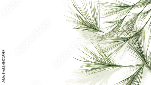 Close-up image of delicate green pine needles against a pure white background. The needles are sharply focused, showcasing their fine texture and linear structure. The image is brightly lit, with