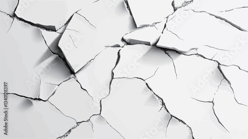 High-angle, close-up view of a cracked surface. The image is monochrome, predominantly white and light grey.  The cracks are irregular, varying in width and depth, creating a fragmented pattern