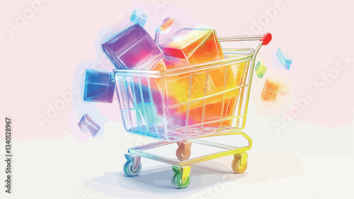 A digital illustration depicting a shopping cart overflowing with brightly colored, glowing cubes. The cubes exhibit a multifaceted, almost crystalline structure and radiate a neon-like glow.  The