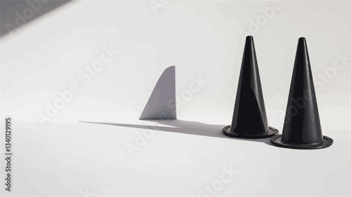 The image shows three small, black, cone-shaped objects arranged closely together on a white background.  To the left, a larger, lighter-toned shadow suggesting a similar cone shape is cast. The
