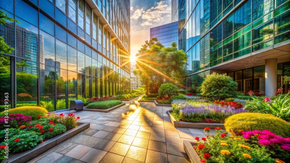 Fototapeta premium Modern Office Building with Garden Courtyard