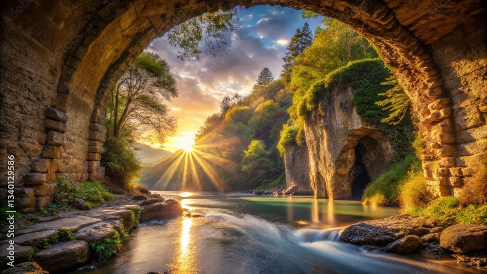 Naklejka premium Stone Archway Over River at Sunset