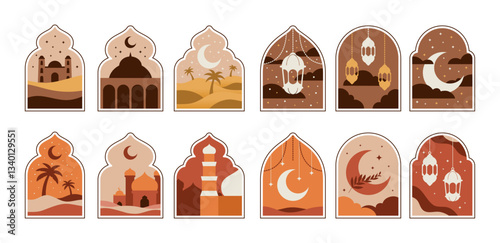 Islamic window set featuring crescent moon, lanterns, mosques, and desert landscapes in warm earthy tones, perfect for Ramadan, Eid, and traditional Middle Eastern themes.