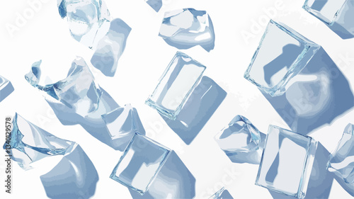 The image presents an abstract composition featuring numerous ice cubes and fragments of shattered ice against a white background.  The ice cubes are rendered in varying shapes and sizes, some
