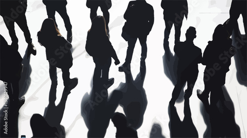 The image presents a high-angle, overhead shot of numerous dark silhouettes of people walking on a bright white surface.  The silhouettes are sharply defined against the bright background, and