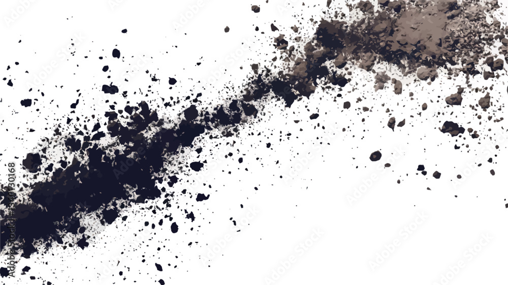 High-resolution close-up image showing a dynamic dispersion of dark brown and black powder against a clean white background. The powder is irregularly scattered, creating a sense of movement and