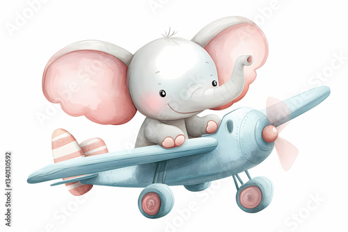 Whimsical Elephant Pilot: An adorable watercolor illustration of a cute baby elephant joyfully piloting a toy airplane, symbolizing playful adventures.