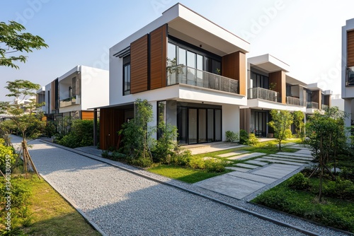 Modern row house with consistent architectural styles  muted color palettes  and minimalist gravel pathways