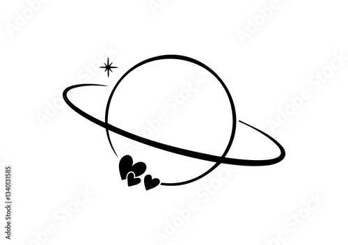 Simple and elegant illustration of a planet with rings and hearts, symbolizing love and connection
