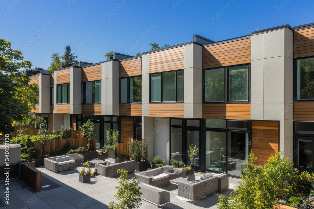 Fototapeta premium Modern townhouses featuring neutral tones, horizontal wooden accents, and an open shared courtyard