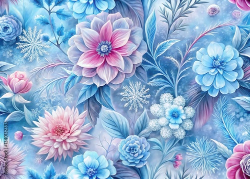 Frosted Winter Flower Pattern: Blue, Pink & White Icy Floral Background