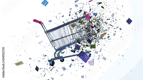 A digitally manipulated image depicts a metal shopping cart on a white background.  The cart appears to be exploding, with numerous small, colorful, rectangular objects scattering outward in