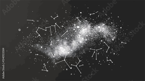 The image is a monochromatic grayscale abstract artwork depicting a stylized representation of a nebula and constellations.  The background is a dark gray, almost black.  White lines are used to