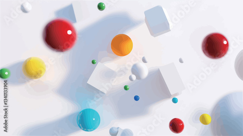 High-angle, close-up view of a digitally rendered image depicting numerous brightly colored spheres and white cubes of varying sizes against a stark white background. The spheres are predominantly