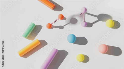 High-angle, close-up view of various brightly colored abstract shapes arranged on a white background.  The shapes include cylinders and spheres in pastel shades of orange, pink, yellow, light