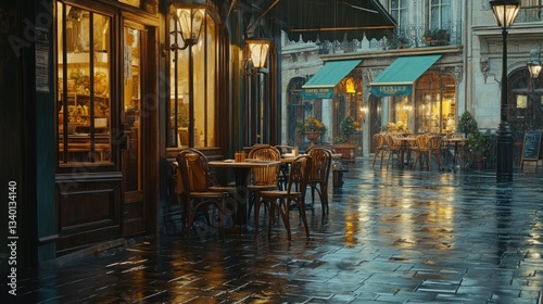 Rainy evening cafe scene in European city