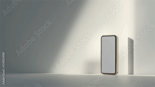 The image shows a vertical smartphone mockup with a blank white screen standing on a white surface against a white wall.  A rectangular shadow is cast on the wall by sunlight coming from the upper
