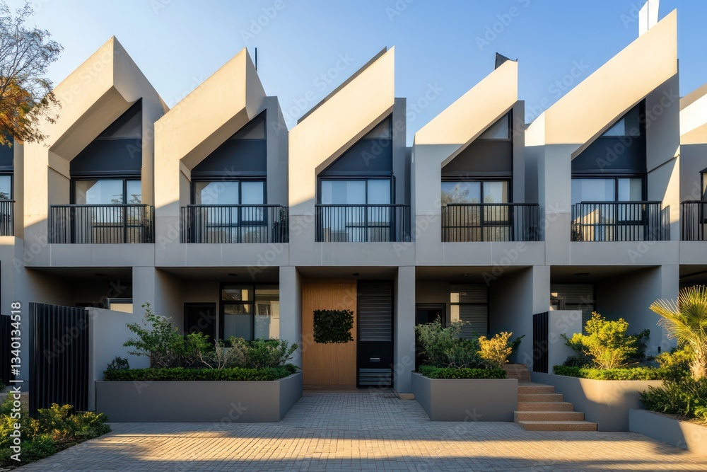 Neutral-colored urban townhouses, clean geometric shapes, with small balconies and a paved entryway flanked by planters Neutral-colored urban townhouses, clean geometric shapes, with small balconies and a paved entryway flanked by planters