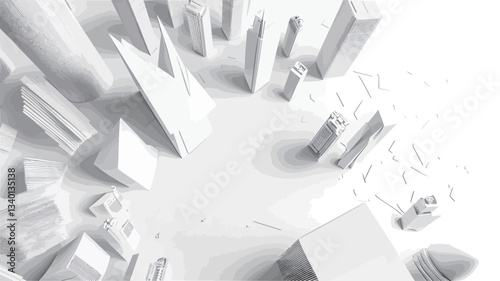 High-angle, close-up view of a monochrome architectural model composed of various white geometric shapes and forms. The model appears to represent a city or urban landscape, with buildings of